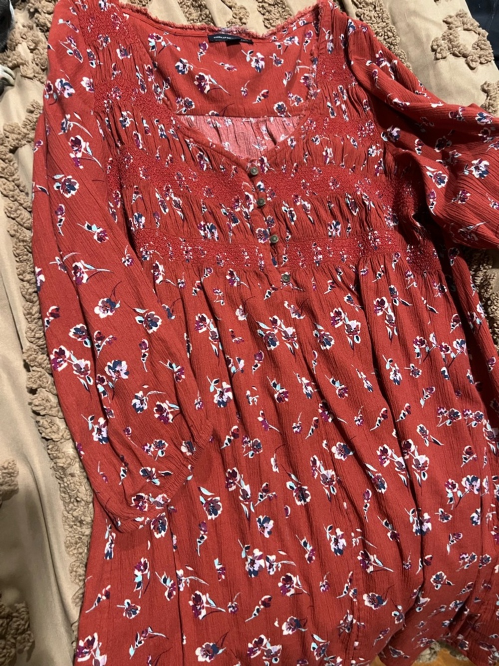 Rust Red Floral Peasant Dress